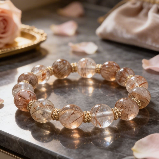 Black Gold Super Seven Crystal bracelet on a marble surface with soft lighting